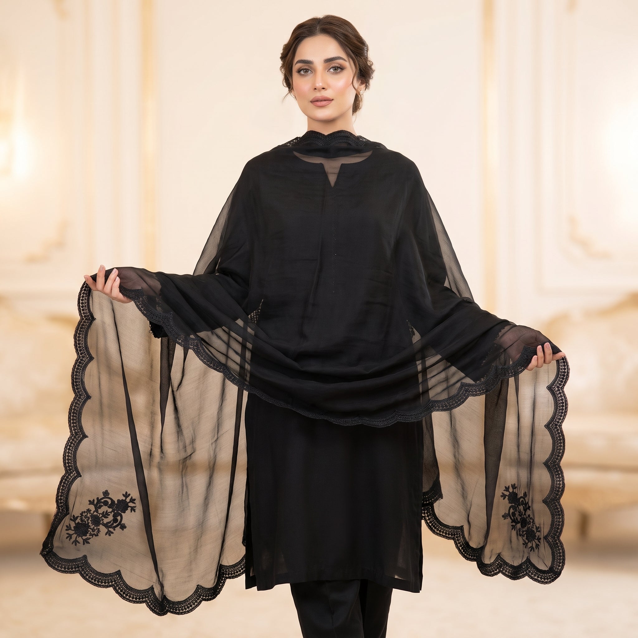 Pure Black Dupatta with Lace-Style Embroidery