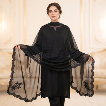 Pure Black Dupatta with Lace-Style Embroidery