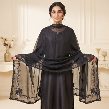 Black-on-Black Elegance: Sheer Chiffon Dupatta with Tonal Embroidery
