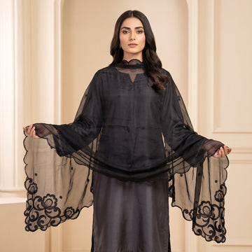 Premium Jet Black Embroidered Dupatta with Scalloped Edges
