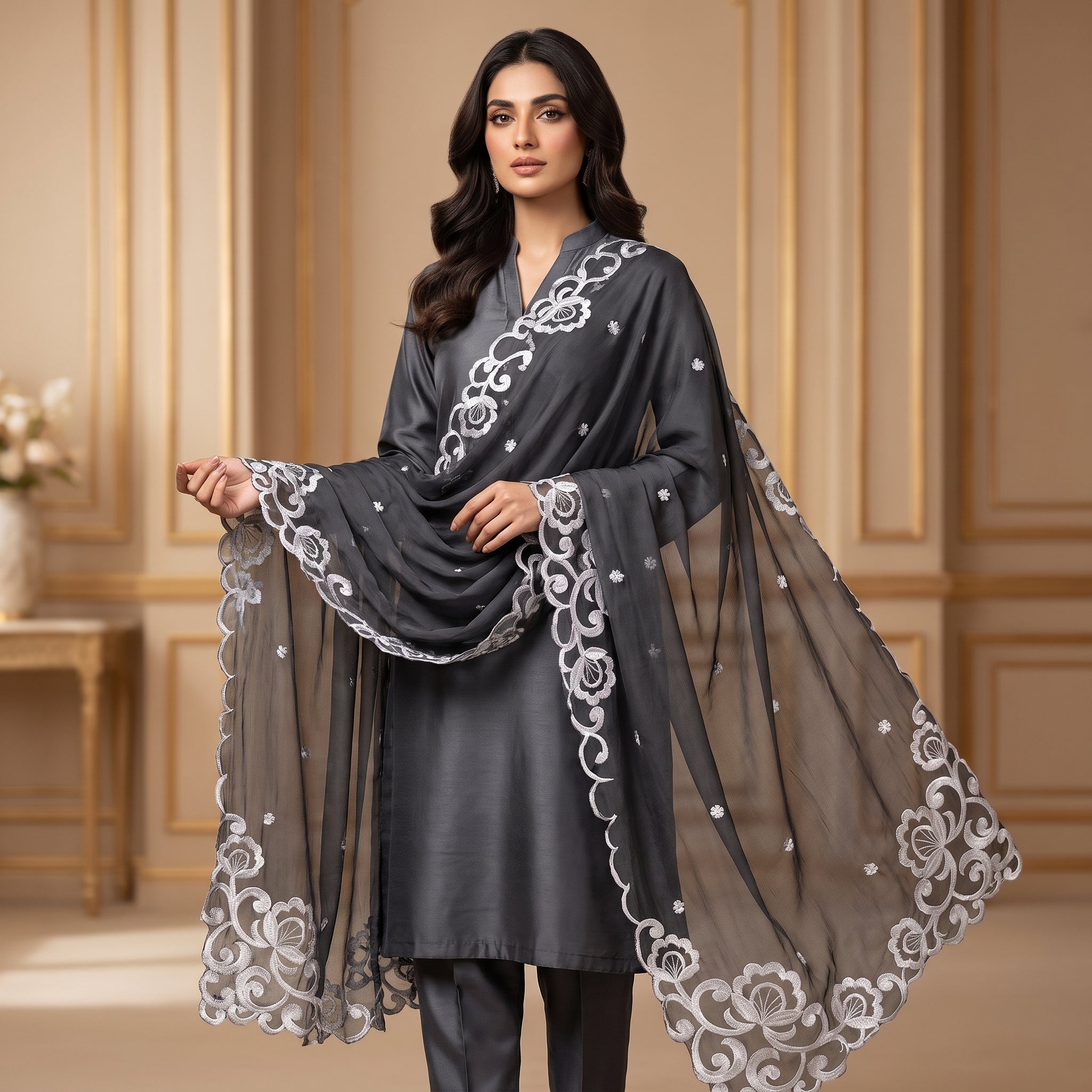 Premium Black Crinkle Chiffon Dupatta – Silver Cutwork Edges