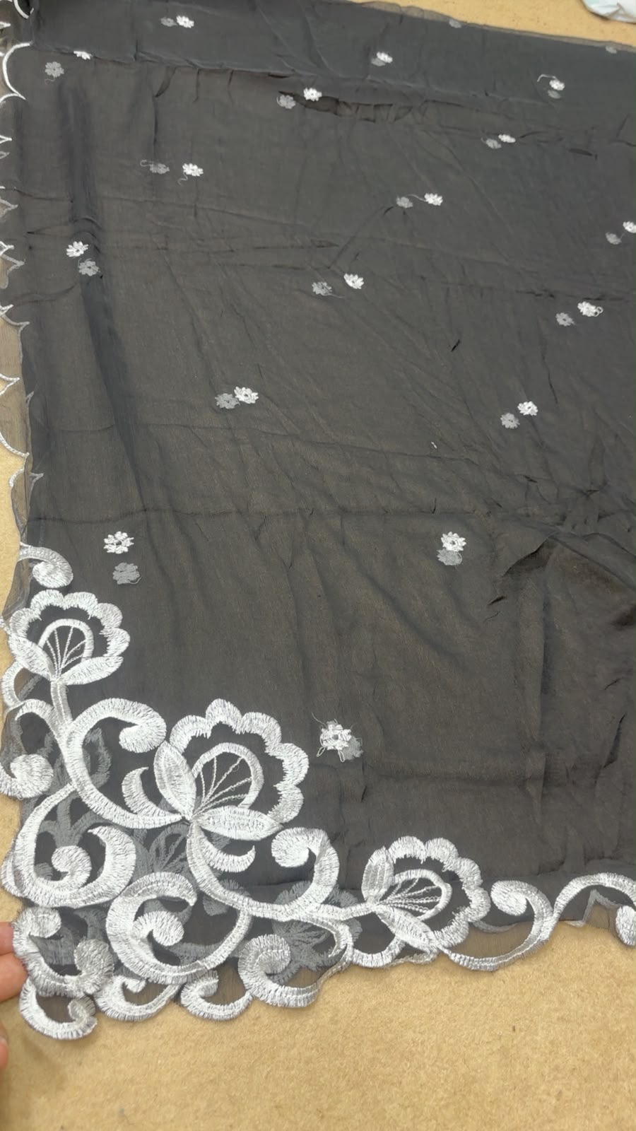 Premium Black Crinkle Chiffon Dupatta – Silver Cutwork Edges